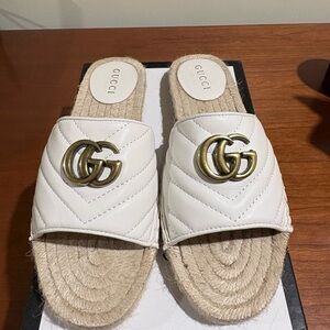 “Designer” White Quilted Leather Espadrille Slides with Gold Double G